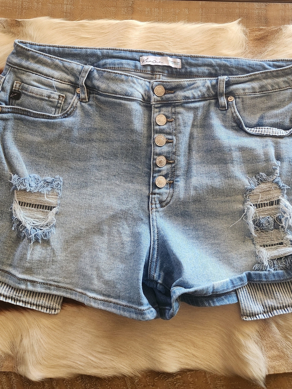 KanCan Light Blue Distressed Button-Fly Denim Shorts
